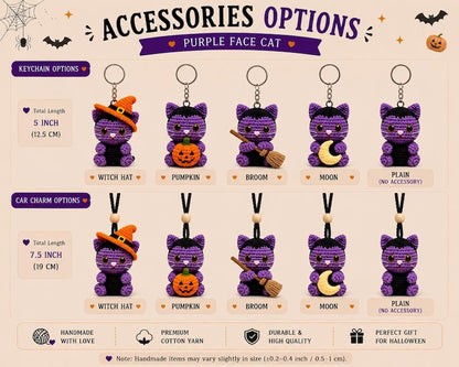 Crochet Purple Cat Keychain, Halloween Cat Car Charm, Witch Cat Plush, Pumpkin Cat Key Ring, Cute Handmade Gift, Spooky Decor