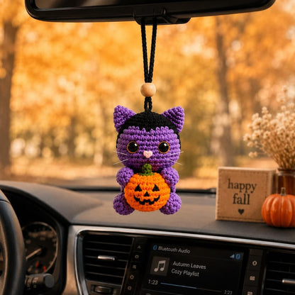Crochet Purple Cat Keychain, Halloween Cat Car Charm, Witch Cat Plush, Pumpkin Cat Key Ring, Cute Handmade Gift, Spooky Decor