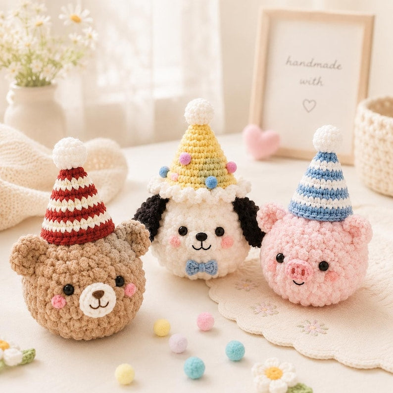 Crochet Birthday Animals, Amigurumi Party Bear Dog Pig with Hats, Kawaii Birthday Gift for Kids,Tiny Stuffed Animal, Party Favor,Cake Topper
