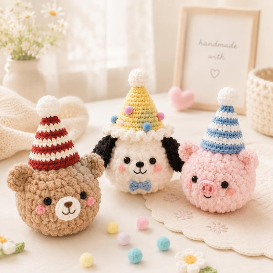 Crochet Birthday Animals, Amigurumi Party Bear Dog Pig with Hats, Kawaii Birthday Gift for Kids,Tiny Stuffed Animal, Party Favor,Cake Topper