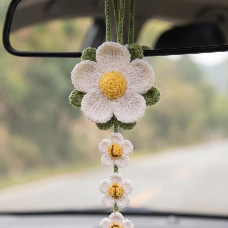 Personalized Daisy Crochet Car Hanging, Custom Name Rearview Mirror Charm