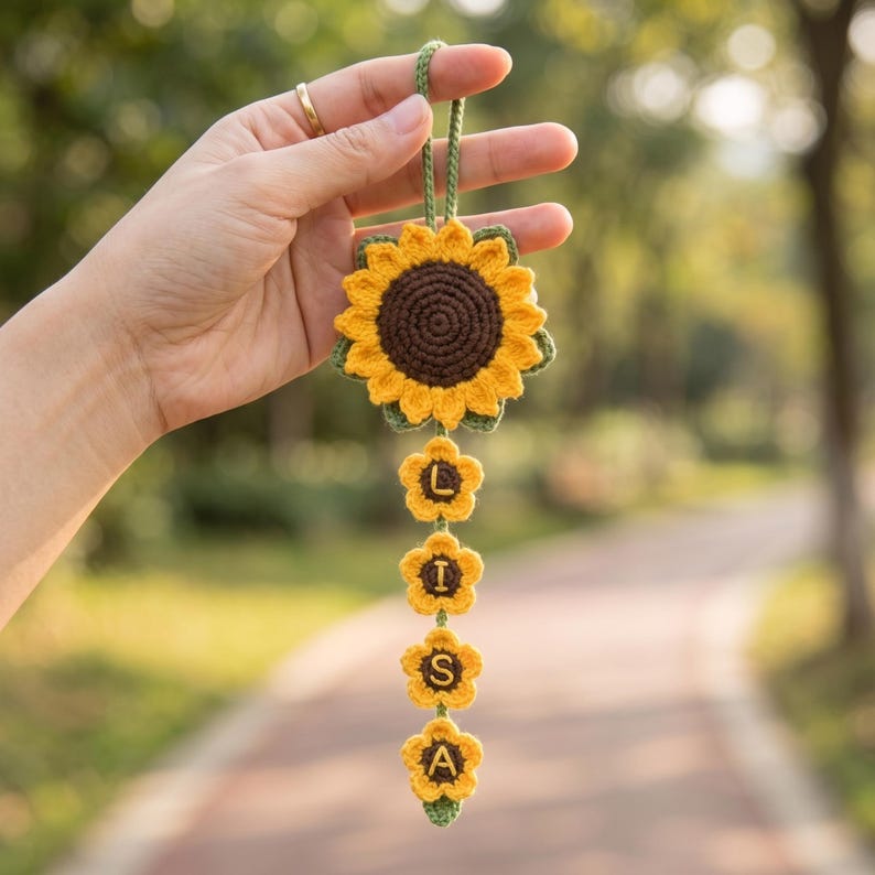 Personalized Daisy Crochet Car Hanging, Custom Name Rearview Mirror Charm