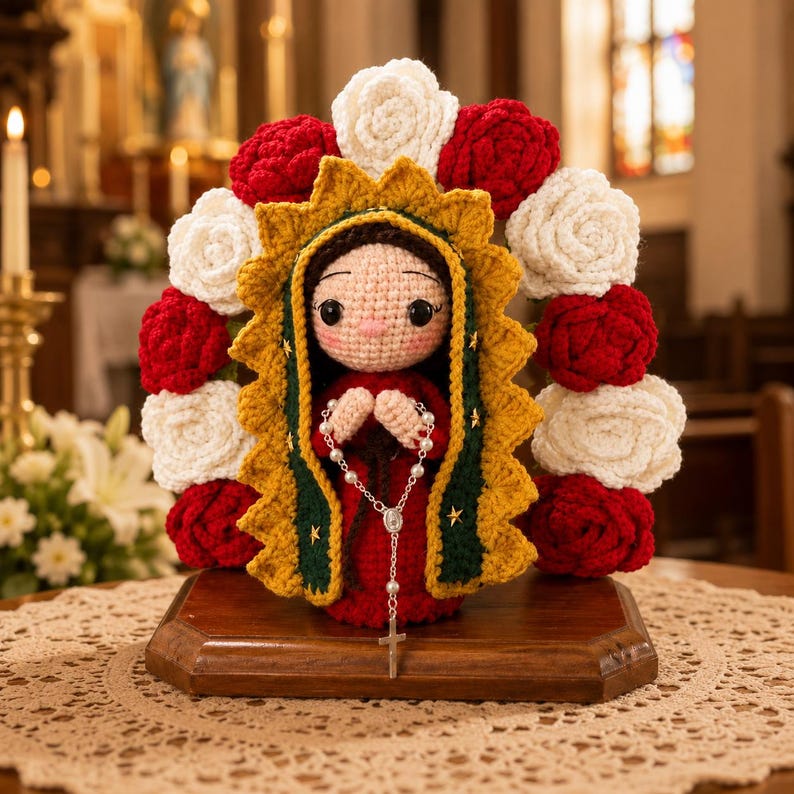 Our Lady of Guadalupe Crochet Doll, Virgin Mary Amigurumi, Catholic Religious Gift, Handmade Altar Shrine, Blessed Mother Baptism Gift