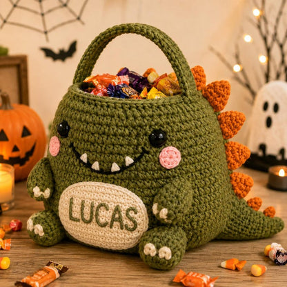 Personalized Crochet Dinosaur Halloween Candy Bag, Dino Trick or Treat Basket, Custom Name Gift, Toddler & Kids Small Large Sizes