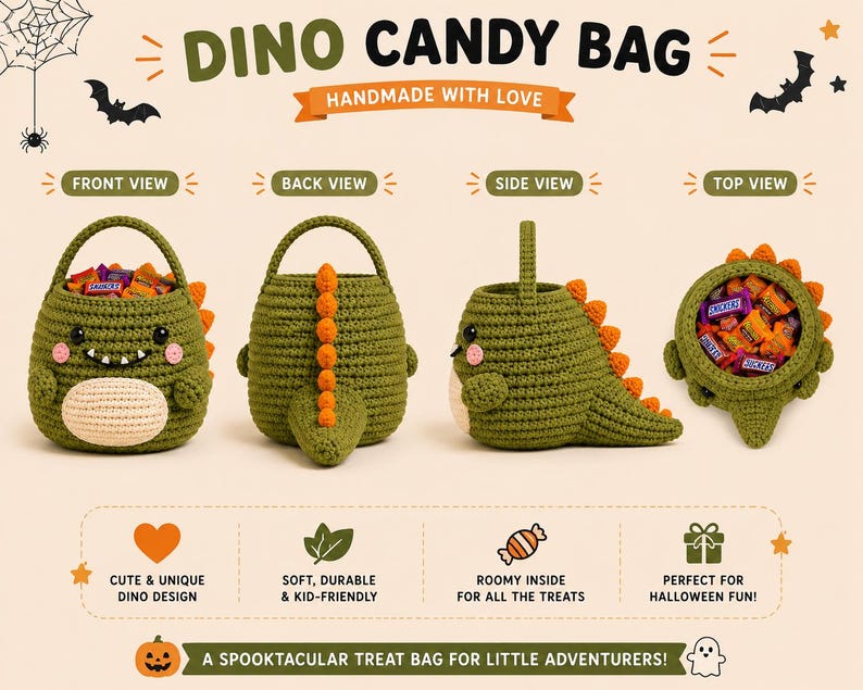 Personalized Crochet Dinosaur Halloween Candy Bag, Dino Trick or Treat Basket, Custom Name Gift, Toddler & Kids Small Large Sizes