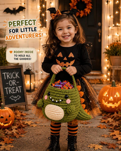 Personalized Crochet Dinosaur Halloween Candy Bag, Dino Trick or Treat Basket, Custom Name Gift, Toddler & Kids Small Large Sizes