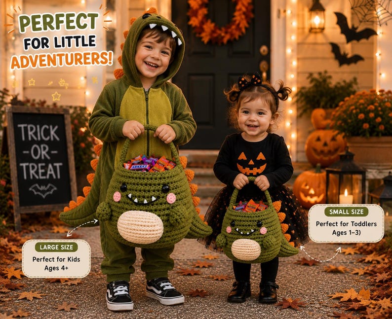 Personalized Crochet Dinosaur Halloween Candy Bag, Dino Trick or Treat Basket, Custom Name Gift, Toddler & Kids Small Large Sizes
