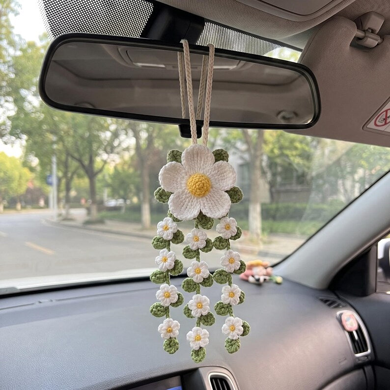 Crochet Daisy Car Mirror Charm, Handmade Flower Car Hanging