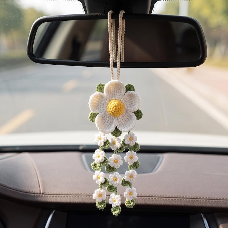 Crochet Daisy Car Mirror Charm, Handmade Flower Car Hanging