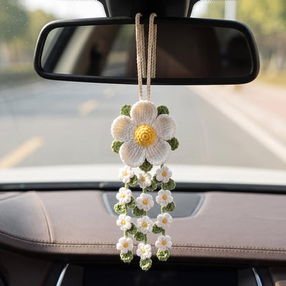 Crochet Daisy Car Mirror Charm, Handmade Flower Car Hanging