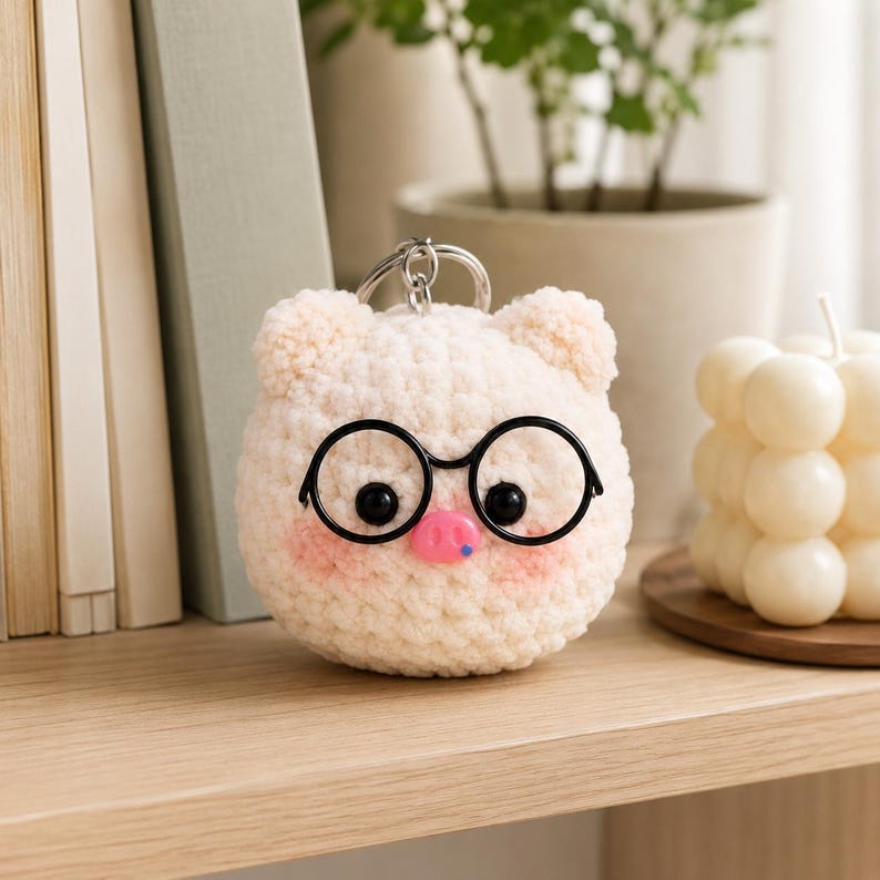 Crochet Pig Keychain | Cute Amigurumi Pig With Glasses | Handmade Bag Charm | Mini Plush Gift for Pig Lovers
