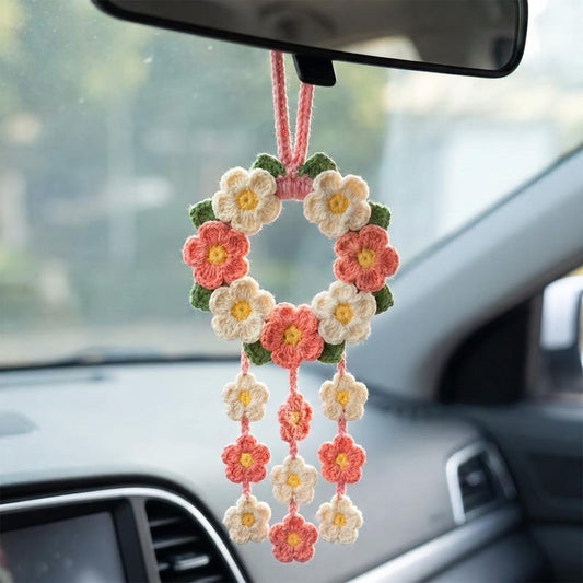 Crochet Flower Car Mirror Charm, Floral Rear View Mirror Hanging