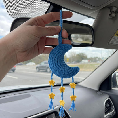 Handmade Boho Crochet Moon Car Charm with Star Dangles