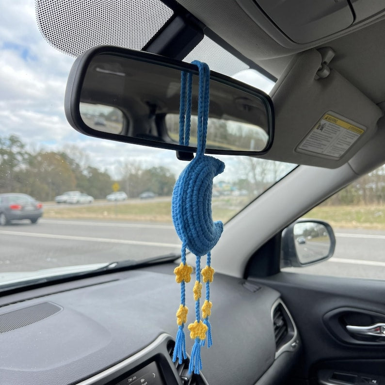 Handmade Boho Crochet Moon Car Charm with Star Dangles