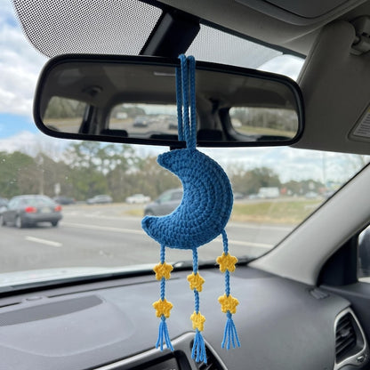 Handmade Boho Crochet Moon Car Charm with Star Dangles