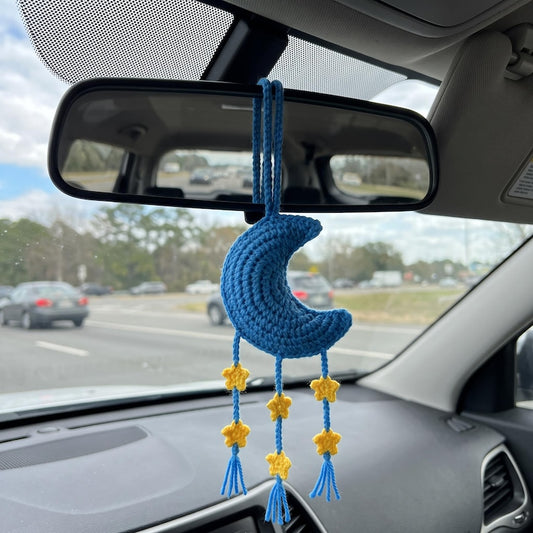 Handmade Boho Crochet Moon Car Charm with Star Dangles
