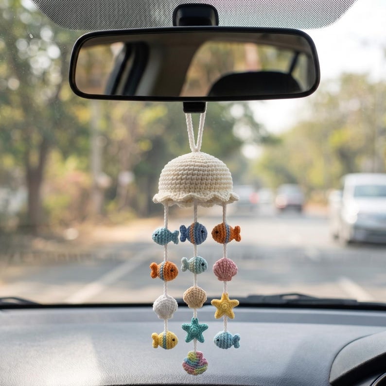 Handmade Crochet Jellyfish Car Charm with Ocean Friends