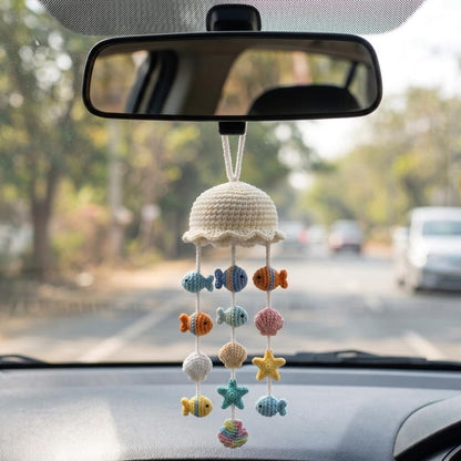 Handmade Crochet Jellyfish Car Charm with Ocean Friends
