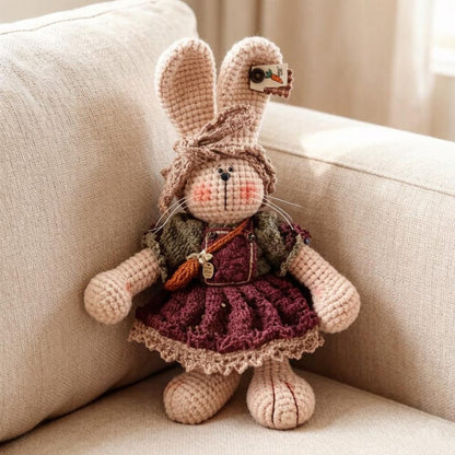 Hand Knit Bunny Figurine New Baby Present Indoor Table Ornament Celebration Memento One-of-a-Kind Collectible Christmas Holiday Trinket