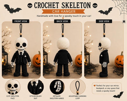 Crochet Skeleton Keychain, Skeleton Car Hanger, Gothic Crochet Skeleton, Halloween Skeleton Plush, Handmade Skeleton Doll, Spooky Gift