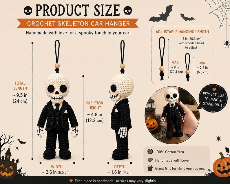 Crochet Skeleton Keychain, Skeleton Car Hanger, Gothic Crochet Skeleton, Halloween Skeleton Plush, Handmade Skeleton Doll, Spooky Gift