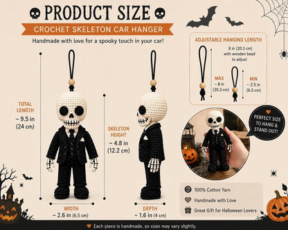 Crochet Skeleton Keychain, Skeleton Car Hanger, Gothic Crochet Skeleton, Halloween Skeleton Plush, Handmade Skeleton Doll, Spooky Gift
