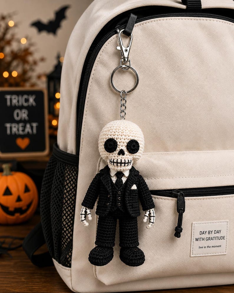 Crochet Skeleton Keychain, Skeleton Car Hanger, Gothic Crochet Skeleton, Halloween Skeleton Plush, Handmade Skeleton Doll, Spooky Gift