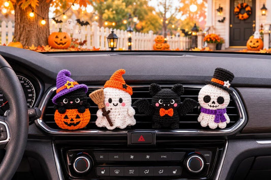 Halloween Crochet Car Vent Clip, Cute Car Decor,Plant Lover Gift,Cute Halloween Amigurumi Plush,Black Cat Ghost Bat Skeleton Car Accessories