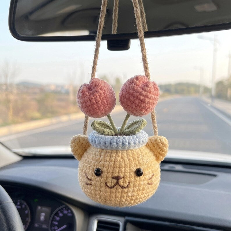 Crochet Animal Plant Car Hanging, Handmade Rearview Mirror Charm