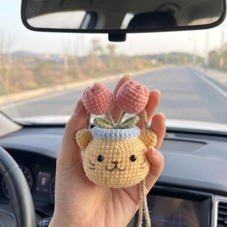 Crochet Animal Plant Car Hanging, Handmade Rearview Mirror Charm