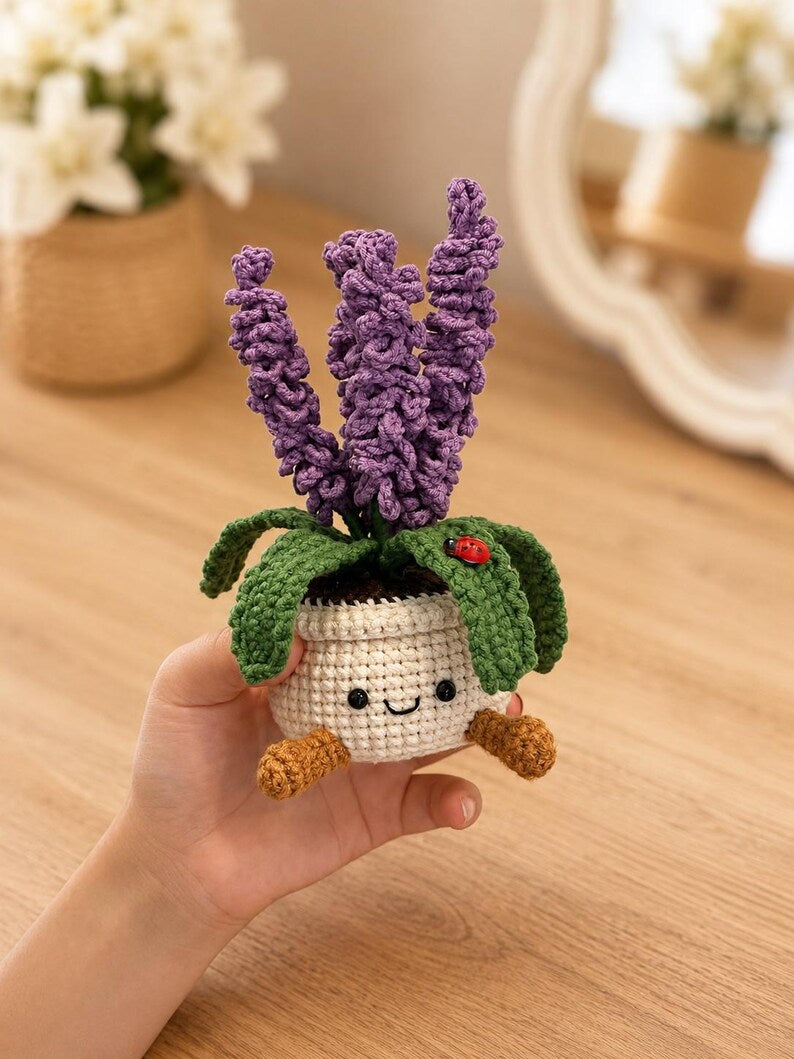 Crochet Flower Pot Set with Strawberry and Lavender | Handmade Forever Flowers Desk Decor