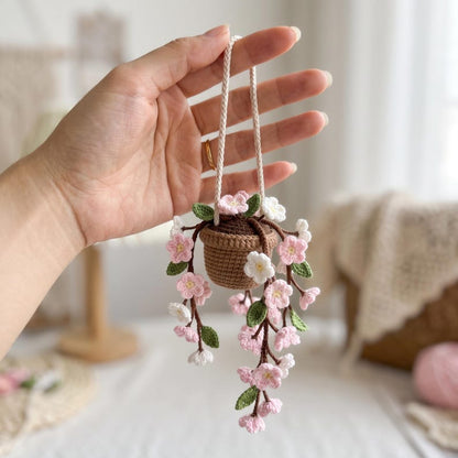 Crochet Flower Pot Car Hanging, Handmade Cherry Blossom Rearview Mirror Charm