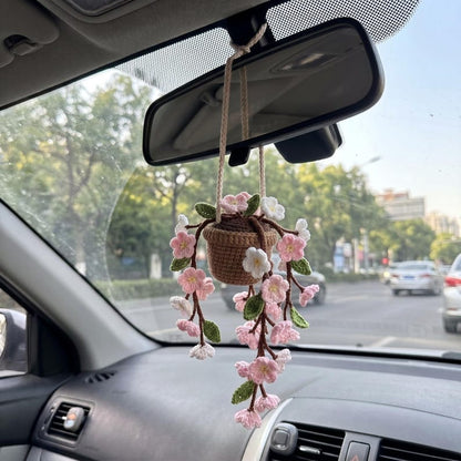 Crochet Flower Pot Car Hanging, Handmade Cherry Blossom Rearview Mirror Charm