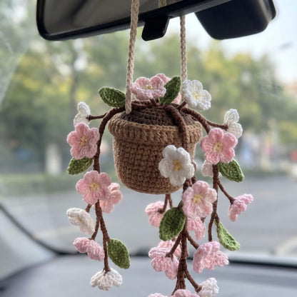 Crochet Flower Pot Car Hanging, Handmade Cherry Blossom Rearview Mirror Charm