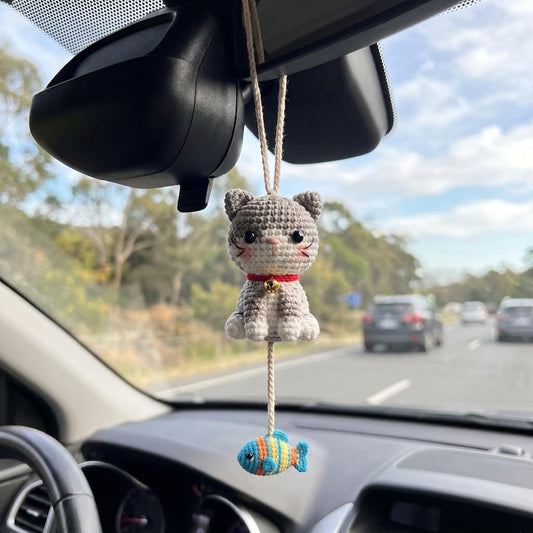 Crochet Cat Car Hanging, Handmade Kitty Rearview Mirror Charm