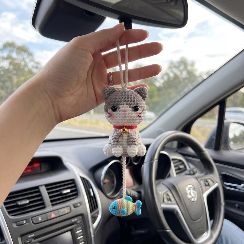 Crochet Cat Car Hanging, Handmade Kitty Rearview Mirror Charm