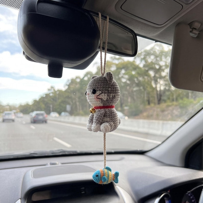 Crochet Cat Car Hanging, Handmade Kitty Rearview Mirror Charm