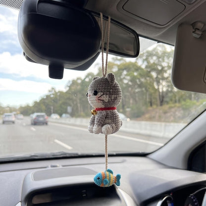 Crochet Cat Car Hanging, Handmade Kitty Rearview Mirror Charm
