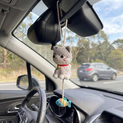 Crochet Cat Car Hanging, Handmade Kitty Rearview Mirror Charm