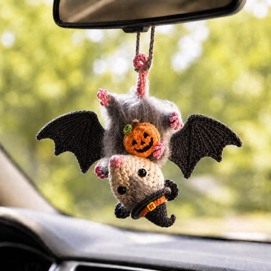 Halloween Possum Rearview Mirror Accessory, Crochet Opossum Car Charm, Spooky Bat Car Ornament, Funny Car Decoration, Goth Gift Idea