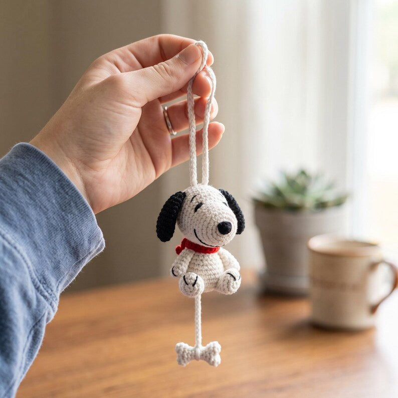 Handmade Crochet Snoopy Amigurumi Car Charm with Dangling Bone