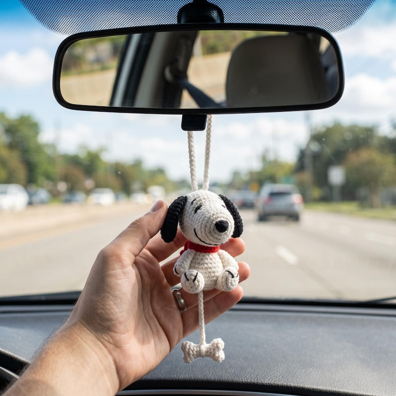 Handmade Crochet Snoopy Amigurumi Car Charm with Dangling Bone