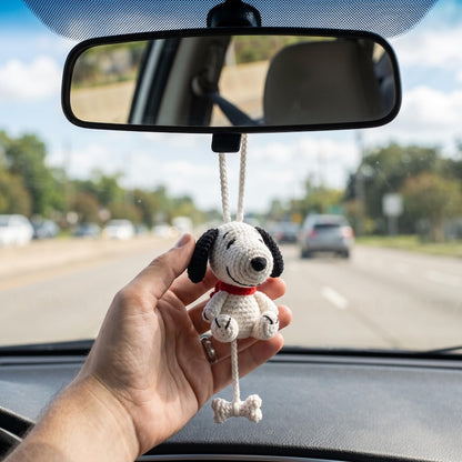 Handmade Crochet Snoopy Amigurumi Car Charm with Dangling Bone