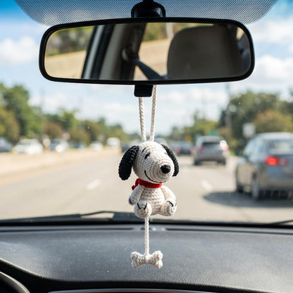 Handmade Crochet Snoopy Amigurumi Car Charm with Dangling Bone