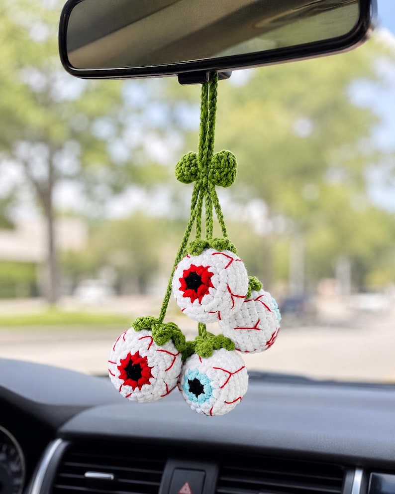 Halloween 2026 Crochet Car Charm, Eyeball Pumpkin Skull Mirror Hanging, Handmade Spooky Car Decor, Cute Amigurumi Halloween Gift