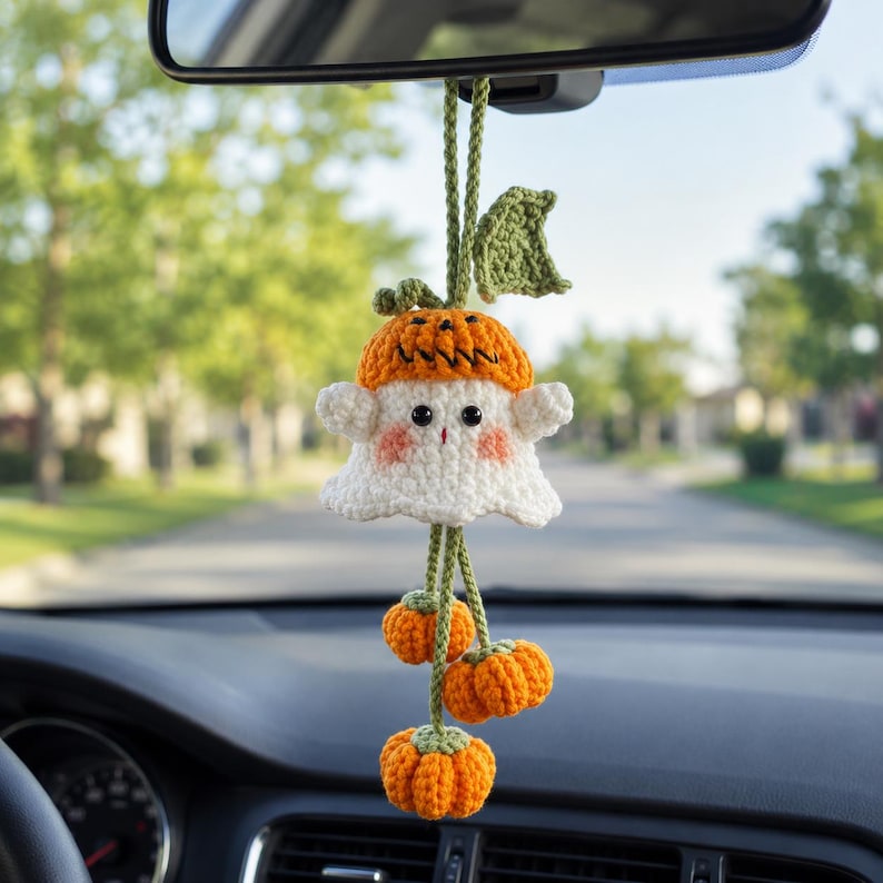 Halloween 2026 Crochet Car Charm, Eyeball Pumpkin Skull Mirror Hanging, Handmade Spooky Car Decor, Cute Amigurumi Halloween Gift