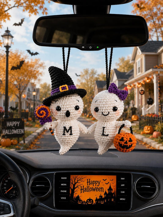 Crochet Ghost Car Charm, Handmade Halloween Mirror Accessory, Cute Spooky Car Decor, Amigurumi Ghost Hanging, Gift for Ghost Lover