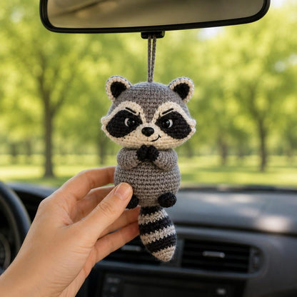 Crochet Raccoon Car Charm, Cute Trash Panda Rearview Mirror Accessory, Funny Animal Car Ornament, New Driver Gift, Backpack Hanging Decor