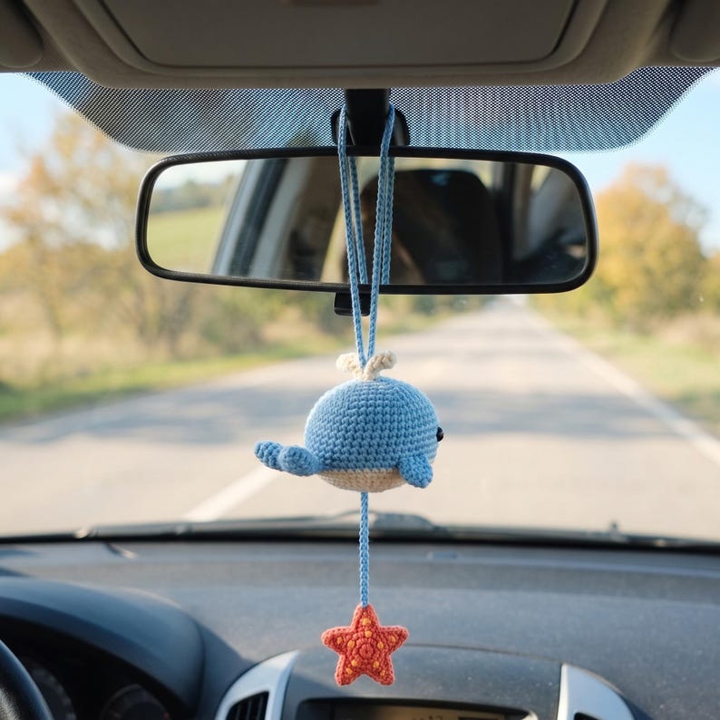 Handmade Crochet Whale Charm for Car Rear View Mirror