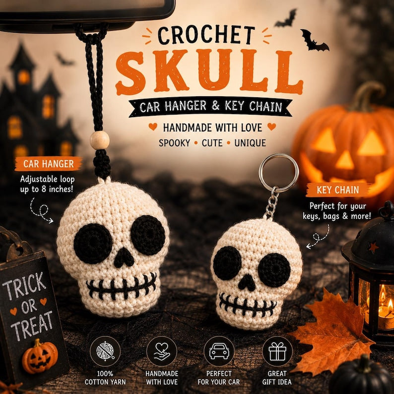 Crochet Skull Keychain, Halloween Skull Car Hanger, Gothic Crochet Skull Charm, Rear View Mirror Hanging Decor, Handmade Halloween Gift